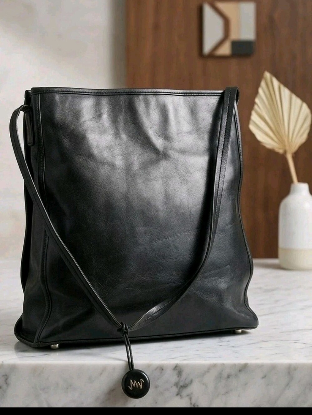 Vintage Monsac Original Black Leather Shoulder Bag 90s Minimalist Tote Purse